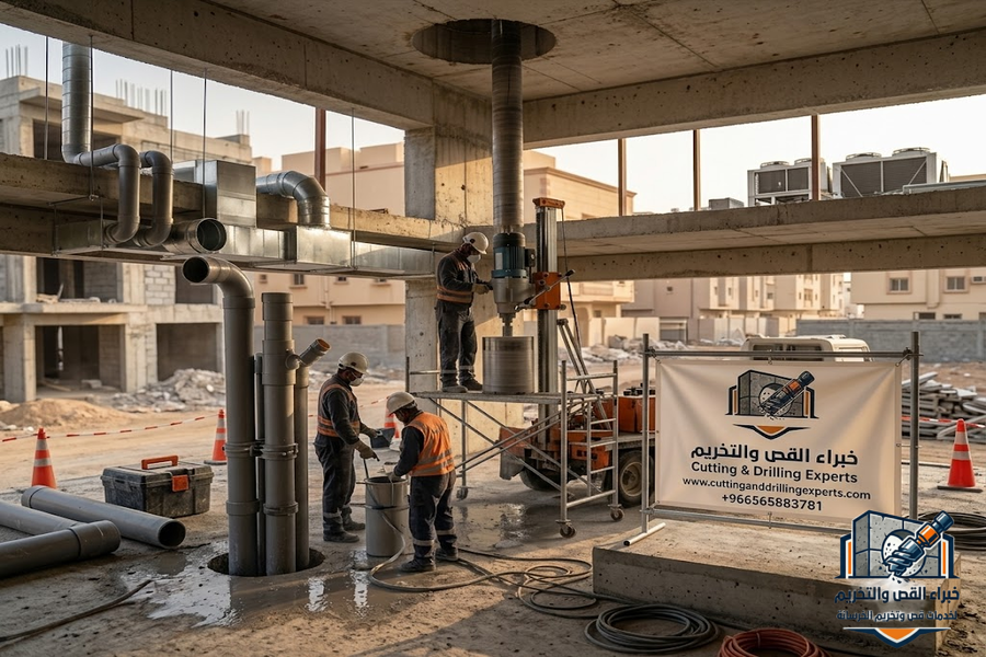 فتح كور بحي النزهة في جدة باستخدام أجهزة الكور الماسي لتنفيذ فتحات المكيفات والسباكة والكهرباء والمصاعد بدقة عالية وبدون تكسير